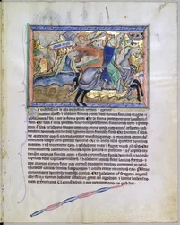 Exterminans, le roi des sauterelles, sort de la fosse, du Gulbenkian Apocalypse, c.1265-70